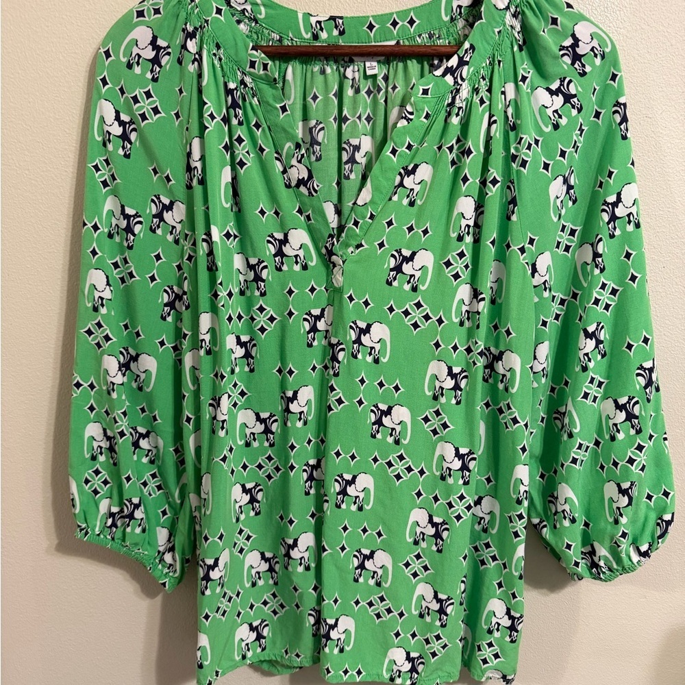 Crown & Ivy Boho Green & Navy Southern Preppy Elephant Print Blouse  Large - Picture 8 of 8